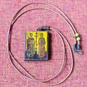 Orthodox Byzantine Necklace St Constantine St Helen Greek Wood Pendant